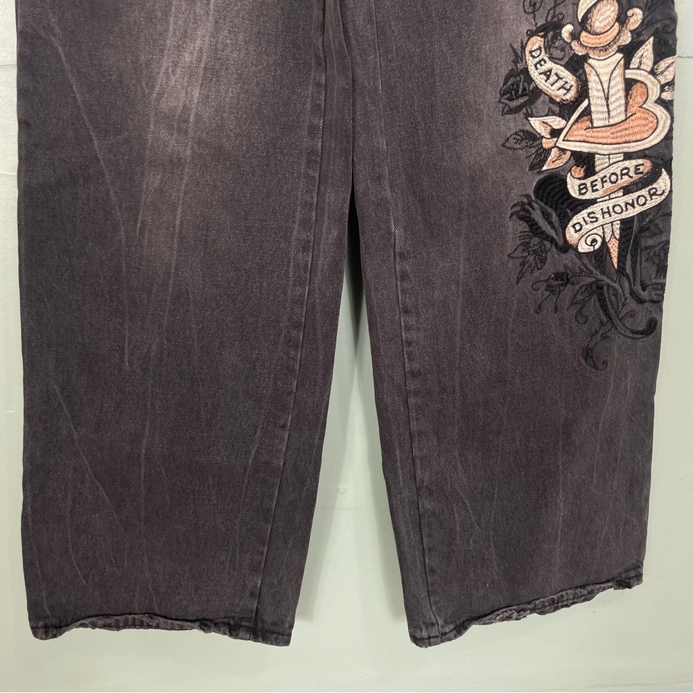 Ed Hardy Loose Wide Leg Jeans Death Before Dishonor Patch Logo Black Women Sz 24 - Picture 3 of 9